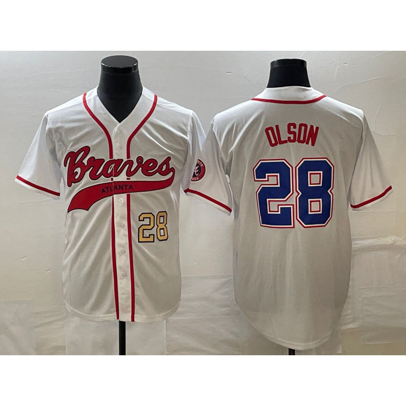 Atlanta Braves #28 Matt Olson Number White Jereymy Cool Base With Patch Stitched Jersey