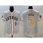 Houston Astros #3 Jeremy Pena Number 2023 White Gold Jereymy World Serise Champions Patch Flex Base Stitched Jersey 3