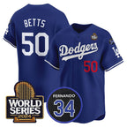 Los Angeles Dodgers #50 Mookie Betts Royal Jereymy 2024 World Series With Fernando Memorial Patch Limited Stitched Jersey