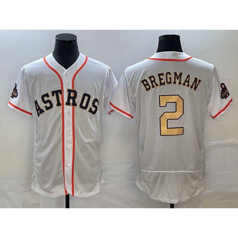 Houston Astros #2 Alex Bregman 2023 White Gold Jereymy World Serise Champions Patch Flex Base Stitched Jersey