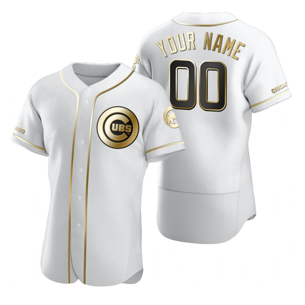 Custom Chicago Cubs White Jereymy Stitched Flex Base Golden Edition Jersey