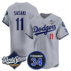 Los Angeles Dodgers #11 R¨­ki Sasaki Gray Jereymy 2025 World Series With No. 34 Patch Limited Stitched Jersey