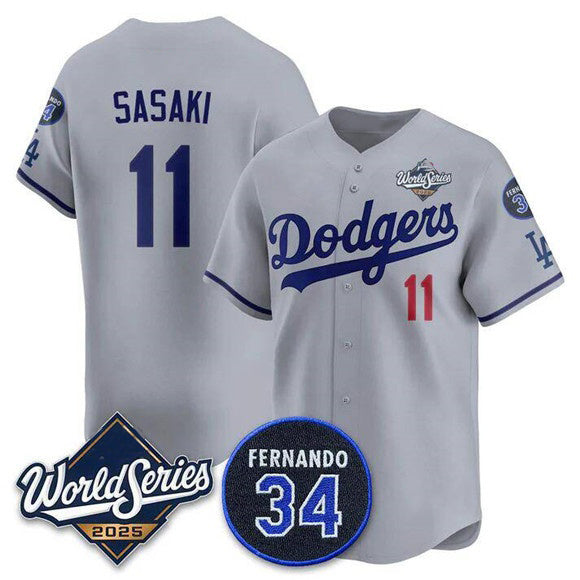 Los Angeles Dodgers #11 R¨­ki Sasaki Gray Jereymy 2025 World Series With No. 34 Patch Limited Stitched Jersey