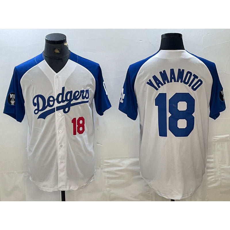 Los Angeles Dodgers #18 Yoshinobu Yamamoto Number White Blue Jereymy Fashion Stitched Cool Base Limited Jersey