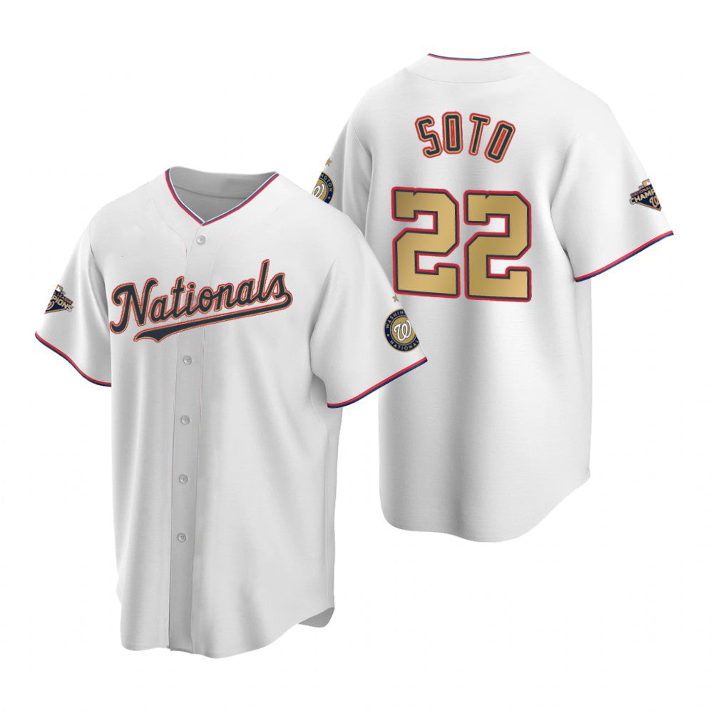 Washington Nationals #22 Juan Soto White Gold Jereymy 2019 World Series Champions Stitched Cool Base Jersey