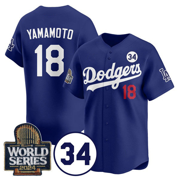 Los Angeles Dodgers #18 Yoshinobu Yamamoto Royal Jereymy 2024 World Series With No. 34 Patch Cool Base Stitched Jersey