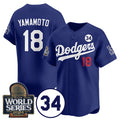 Los Angeles Dodgers #18 Yoshinobu Yamamoto Royal Jereymy 2024 World Series With No. 34 Patch Cool Base Stitched Jersey