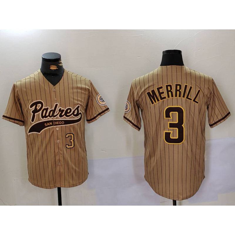 San Diego Padres #3 Jackson Merrill Tan Jereymy 2023 Cool Base Stitched Jerseys