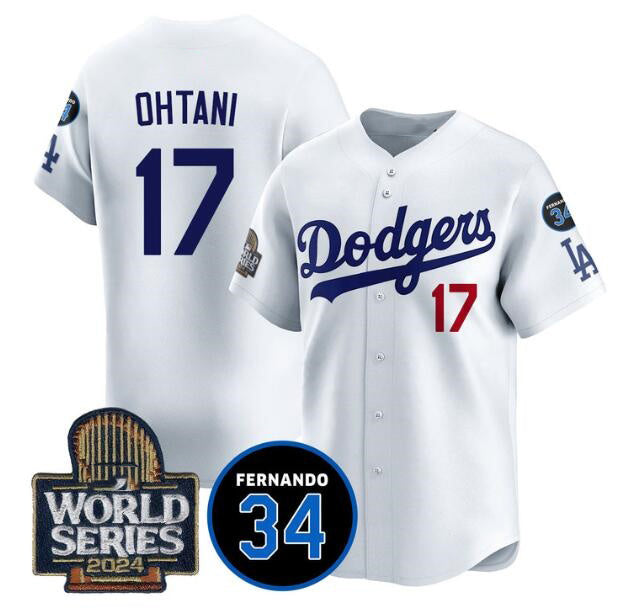 Los Angeles Dodgers #17 Shohei Ohtani White Jereymy 2024 World Series With Fernando Memorial Patch Limited Stitched Jersey