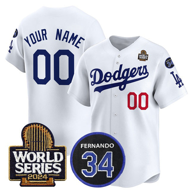 Custom Los Angeles Dodgers ACTIVE PLAYER White Jereymy 2024 World Series With Fernando Memorial Patch Limited Stitched Jersey