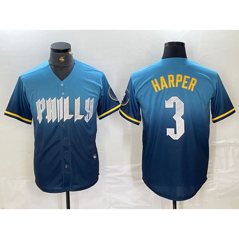 Philadelphia Phillies #3 Bryce Harper Blue Jereymy 2024 City Connect Limited Stitched Jersey