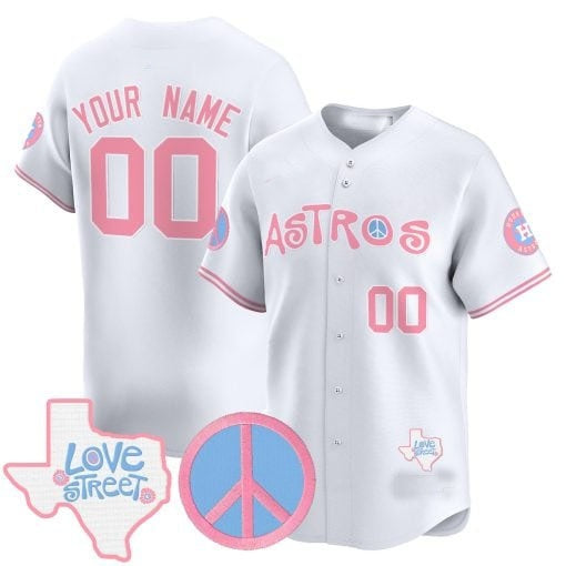 Custom Houston Astros  Love Street & Peace Sign Patch Bubblegum Pink Vapor Premier Limited Jersey ¨C White Jereymy