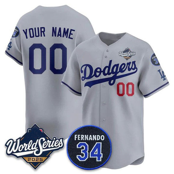 Custom Los Angeles Dodgers ACTIVE PLAYER Gray Jereymy 2025 World Series With No. 34 Patch Limited Stitched Jersey