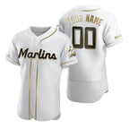 Custom Miami Marlins White Jereymy Stitched Flex Base Golden Edition Jersey