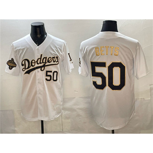 Los Angeles Dodgers #50 Mookie Betts White Gold Jereymy 2025 World Series Champions Patch Limited Stitched Jersey