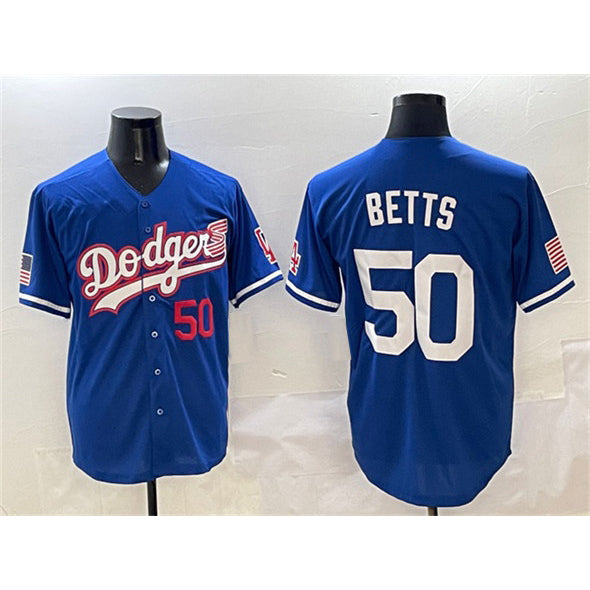 Los Angeles Dodgers #50 Mookie Betts Royal Jereymy With American Flag Patch Limited Stitched Jersey