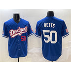 Los Angeles Dodgers #50 Mookie Betts Royal Jereymy With American Flag Patch Limited Stitched Jersey