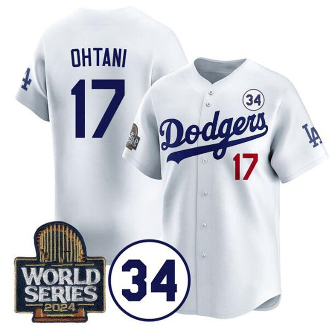 Los Angeles Dodgers #17 Shohei Ohtani White Jereymy 2024 World Series With No. 34 Patch Limited Stitched Jersey