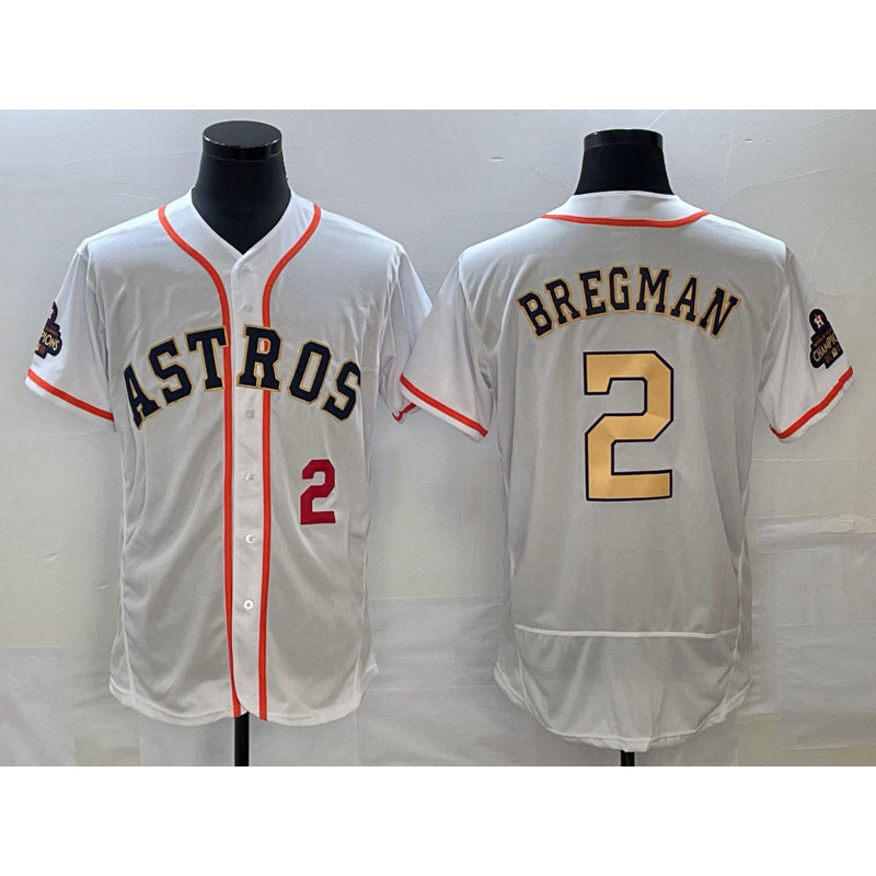 Houston Astros #2 Alex Bregman Number 2023 White Gold Jereymy World Serise Champions Patch Flex Base Stitched Jersey 2