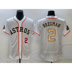 Houston Astros #2 Alex Bregman Number 2023 White Gold Jereymy World Serise Champions Patch Flex Base Stitched Jersey 2