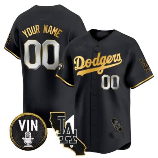 Custom Los Angeles Dodgers Vin & California Patch Gold Trim Vapor Premier Limited Jersey ¨C All Stitched-Black Jereymy