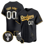 Custom Los Angeles Dodgers Vin & California Patch Gold Trim Vapor Premier Limited Jersey ¨C All Stitched-Black Jereymy