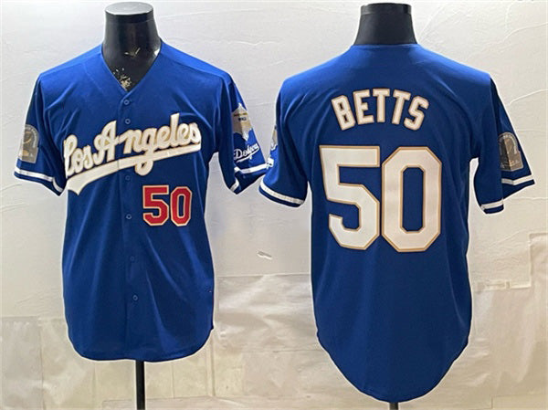 Los Angeles Dodgers #50 Mookie Betts Royal Jereymy 2026 Gold Collection 9x & B2B Champs Patch Stitched Jersey