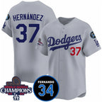 Los Angeles Dodgers #37 Teoscar Hernandez Gray Jereymy 2024 World Series Champions With Fernando Memorial Patch Vapor Premier Limited Stitched Jersey