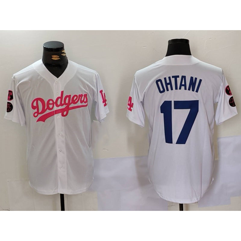 Los Angeles Dodgers #17 Shohei Ohtani White Pink Jereymy Vin & Kobe Patch Stitched Jersey 2