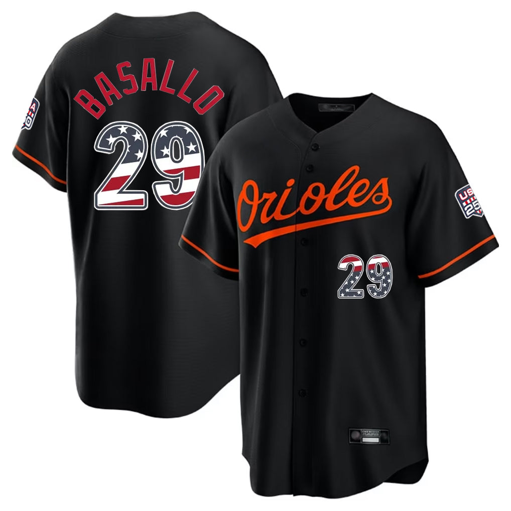 Baltimore Orioles #29 Samuel Basallo Player Black Jereymy USA 250 Fourth of July Home Game Stitched Jerseys
