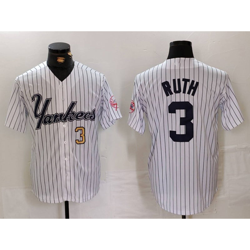 New York Yankees #3 Babe Ruth White Jereymy Pinstripe Fashion Cool Base Jerseys 2
