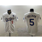 Los Angeles Dodgers #5 Freddie Freeman White Gold Jereymy 2024 World Series With No. 34 Patch Home Limited Stitched Jersey