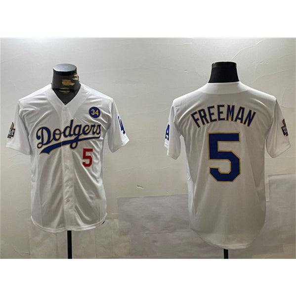 Los Angeles Dodgers #5 Freddie Freeman White Gold Jereymy 2024 World Series With No. 34 Patch Home Limited Stitched Jersey
