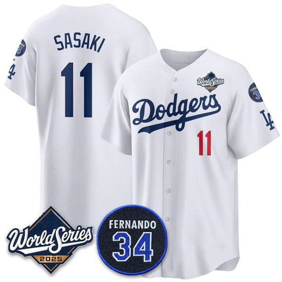 Los Angeles Dodgers #11 R¨­ki Sasaki White Jereymy 2025 World Series With No. 34 Patch Limited Stitched Jersey