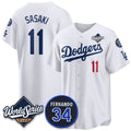 Los Angeles Dodgers #11 R¨­ki Sasaki White Jereymy 2025 World Series With No. 34 Patch Limited Stitched Jersey