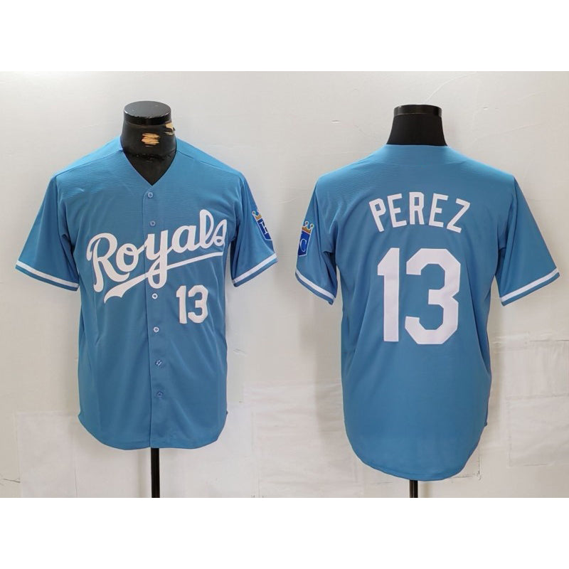 Kansas City Royals #13 Salvador Perez Number Light Blue Jereymy Cool Base Stitched Jersey