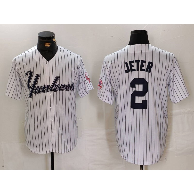 New York Yankees #2 Derek Jeter White Jereymy Pinstripe Fashion Cool Base Jersey 3