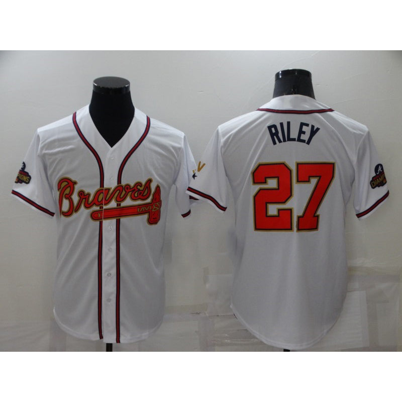 Atlanta Braves #27 Austin Riley 2022 White Gold Jereymy World Series Champions Program Cool Base Stitched Jersey