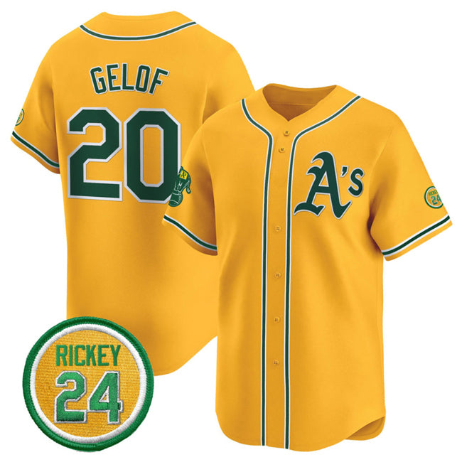 Oakland Athletics #20 Zack Gelof Yellow Jereymy 2024 Limited With Rickey Henderson Patch Stitched Jersey