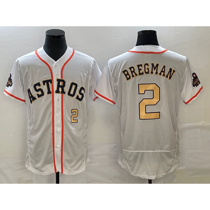 Houston Astros #2 Alex Bregman Number 2023 White Gold Jereymy World Serise Champions Patch Flex Base Stitched Jersey