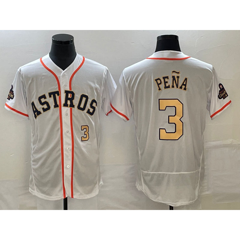 Houston Astros #3 Jeremy Pena Number 2023 White Gold Jereymy World Serise Champions Patch Flex Base Stitched Jersey 2