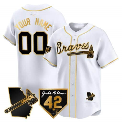 Custom Atlanta Braves 2024 Robinson & Georgia Patch Vapor Premier Limited Jersey ¨C White Gold Jereymy