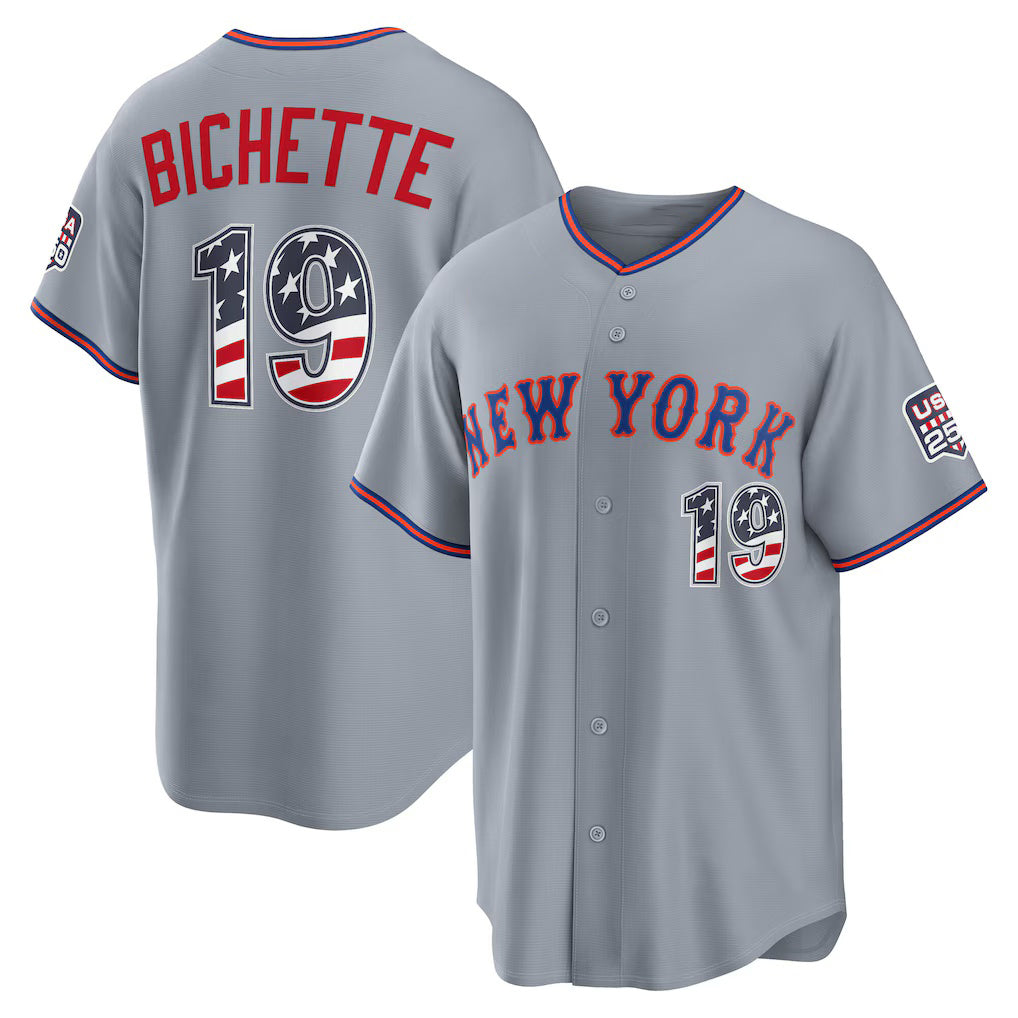 New York Mets #19 Bo Bichette USA 250 Fourth of July Road Stadium Jersey - Gray Jereymy
