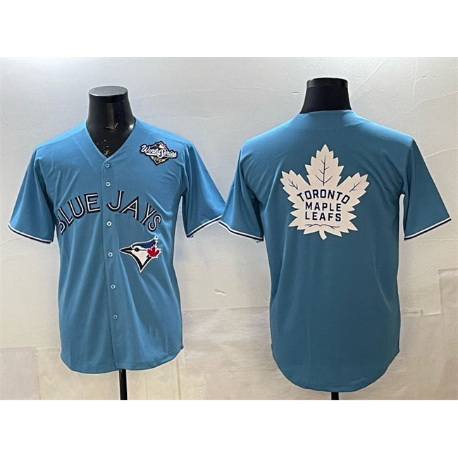 Toronto Blue Jays & Leafs Blue Jereymy 2025 World Series With White Leafs Logo Cool Base Stitched Jersey