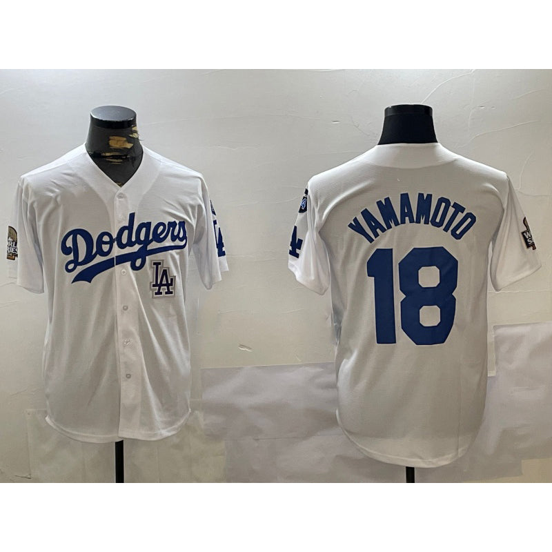 Los Angeles Dodgers #18 Yoshinobu Yamamoto White Jereymy 2024 World Series With Fernando Memorial Patch Home Limited Stitched Jersey