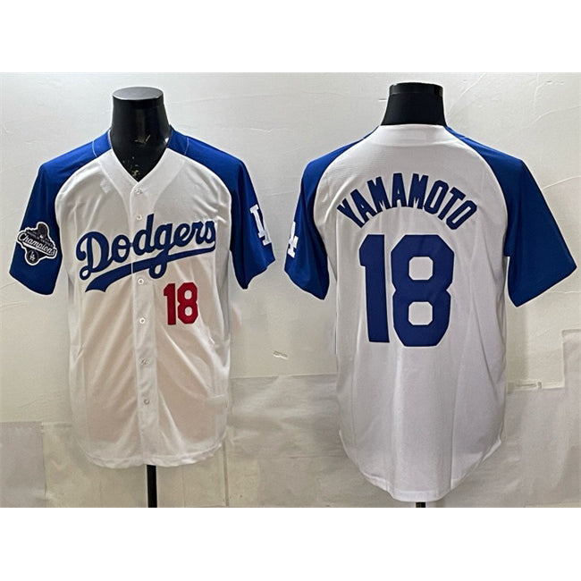 Los Angeles Dodgers #18 Yoshinobu Yamamoto White Royal Jereymy 2025 World Series Champions Patch Limited Stitched Jersey
