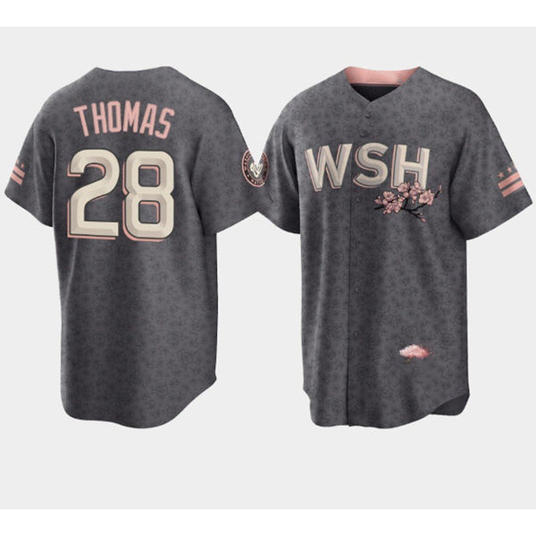 Washington Nationals #28 Lane Thomas 2022 Grey Jereymy City Connect Cherry Blossom Cool Base Stitched Jersey