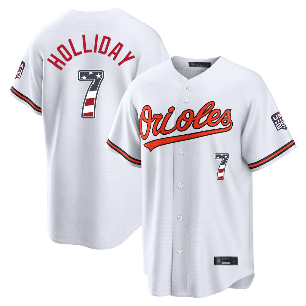 Baltimore Orioles #7 Jackson Holliday Player White Jereymy USA 250 Fourth of July Home Game Stitched Jerseys