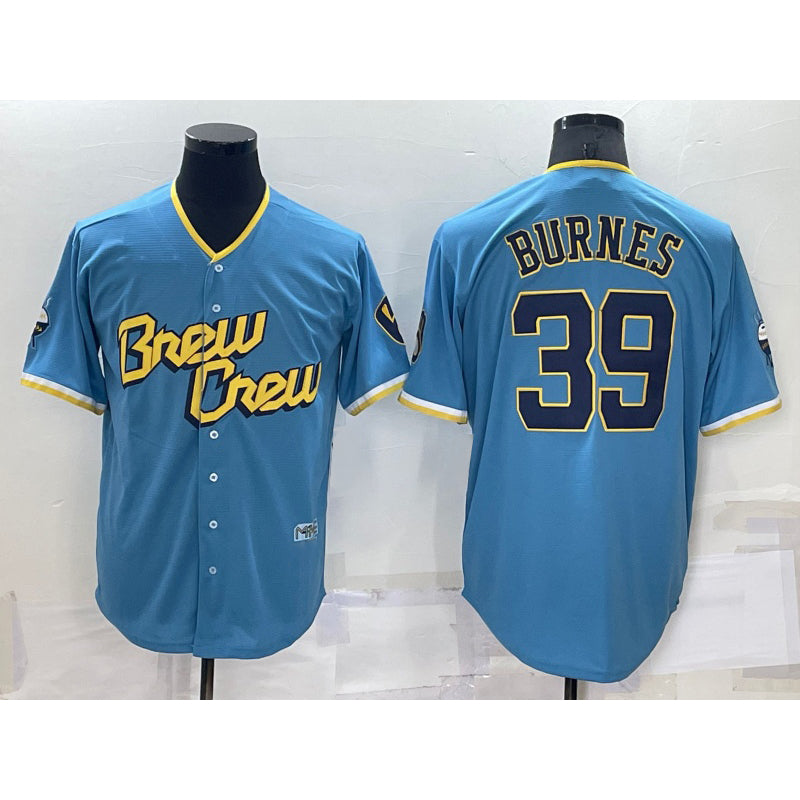 Milwaukee Brewers #39 Corbin Burnes Blue Jereymy 2022 City Connect Cool Base Stitched Jersey
