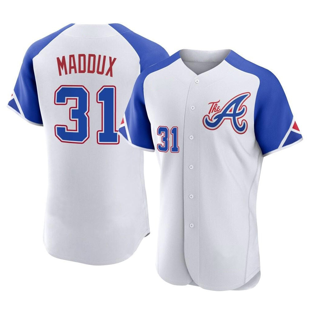 Atlanta Braves #31 Greg Maddux Player White Jereymy City Connect Limited Elite Home Game Stitched Jerseys